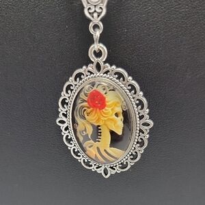 21" Silver Tone Lady Skeleton Cameo Death Pendant Necklace Goth Punk